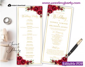 Red Roses Wedding Program template tea length, (016w)